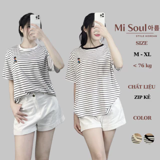 Áo Phông Kẻ Thêu Hình Ngựa, Hình Người Bigsize Chất Cotton Misoul, Áo Phông Kẻ Ngang Dáng Rộng Thêu Ngực Cộc Tay 310-311