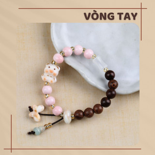 Vòng Tay Gốm Sứ Heo Con Kết Hợp Gỗ Tự Nhiên Nhẹ Nhàng Thanh Lịch, Quà Tặng Nữ