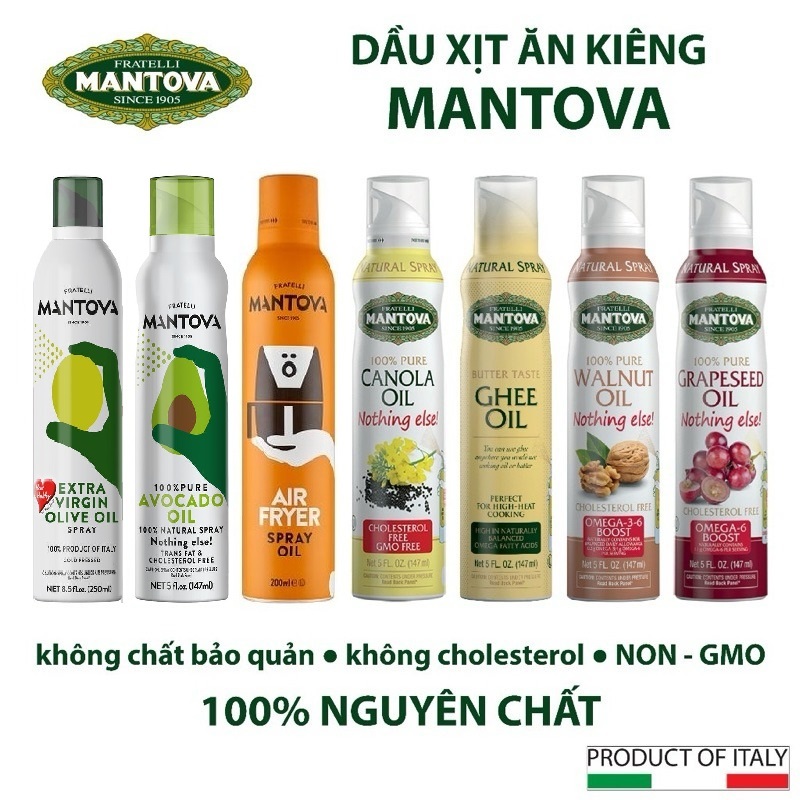Dầu Ăn Kiêng Dạng Xịt Ít Calo Mantova Oil Spray olive extra virgin, dầu hạt nho, dầu quả bơ, ghee