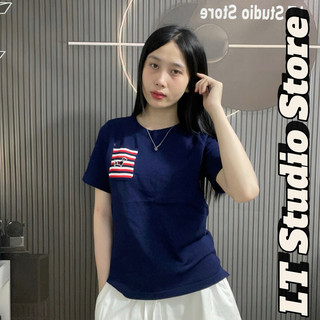 LT - Áo len nữ cổ tròn cộc tay free size túi ngực hình cún thêu sắc nét len mặc bốn mùa 982
