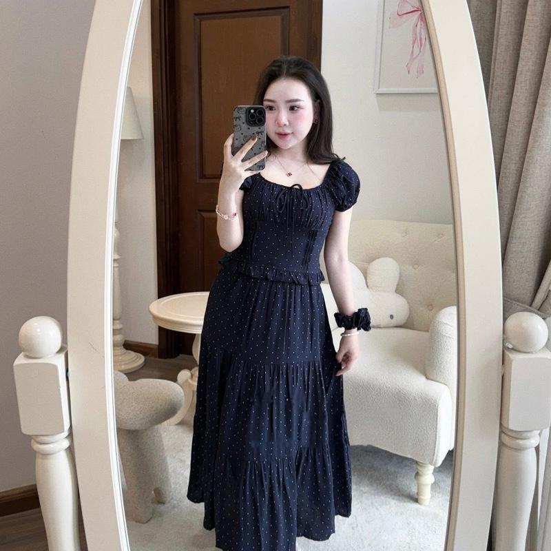 2026. [CV XOÈ- BI BÈO TẶNG DÂY BUỘC TÓC] Sét đũi chấm bi áo tay bồng+ chân váy xoè. Đủ size SMLXL 40kg-70kg