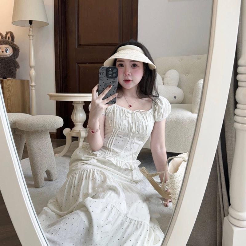 2026. [CV XOÈ- BI BÈO TẶNG DÂY BUỘC TÓC] Sét đũi chấm bi áo tay bồng+ chân váy xoè. Đủ size SMLXL 40kg-70kg