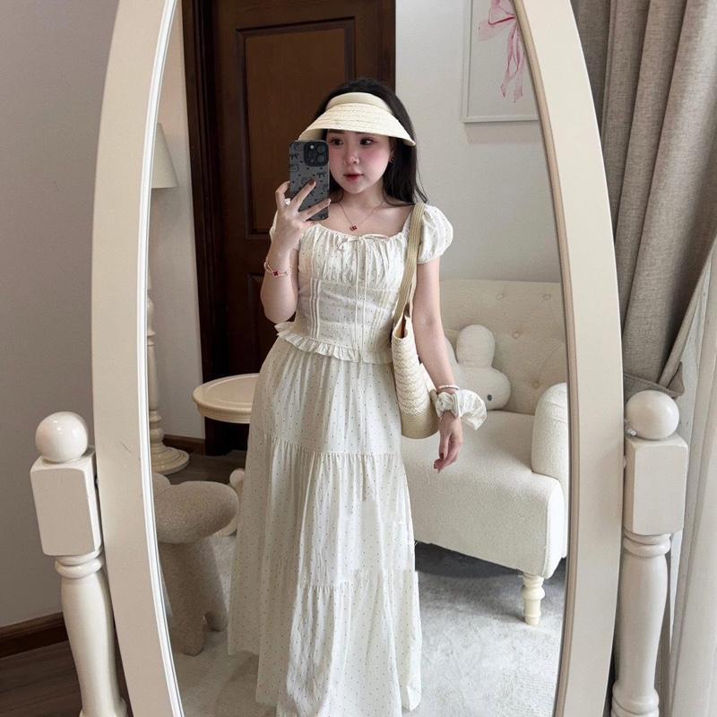 2026. [CV XOÈ- BI BÈO TẶNG DÂY BUỘC TÓC] Sét đũi chấm bi áo tay bồng+ chân váy xoè. Đủ size SMLXL 40kg-70kg