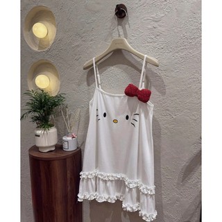 Đầm Ngủ Dễ Thương Hình Mèo Kitty - Váy Ngủ Dáng Suông 2 Dây Chất Cotton Mềm Mịn, Mát Mẻ