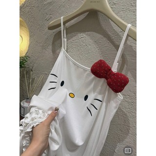 Đầm Ngủ Dễ Thương Hình Mèo Kitty - Váy Ngủ Dáng Suông 2 Dây Chất Cotton Mềm Mịn, Mát Mẻ