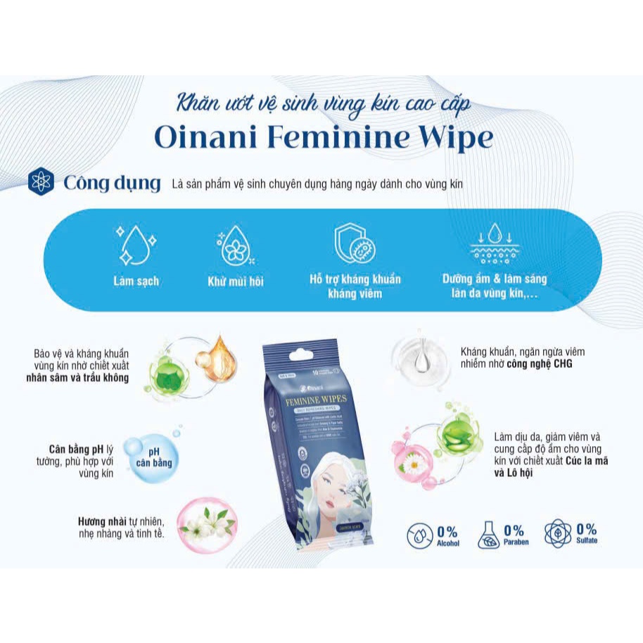 [CHE TÊN ][HÀNG CAO CẤP] Khăn ướt vệ sinh vùng kín Oinani Feminine Wipes, làm sạch vùng kín an toàn