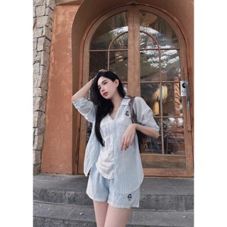 Set Bộ Đồ Nữ 3 Món LEAGUE Thêu Gấu Áo Sơ Mi Kẻ Sọc Mềm Mại Kèm Áo Ba Lỗ Trắng Mix Quần Sooc Đùi Ống Rộng
