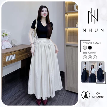 Chân váy dài linen NhunFashion chân váy xòe dài thiết kế xếp ly cạp khóa dài 90cm N138