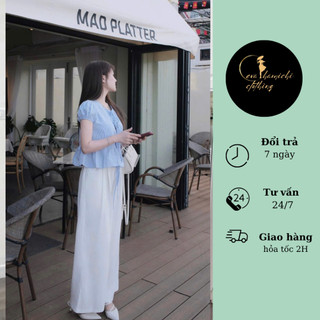 Set áo sọc xanh Babydoll cột dây phối quần xuông ống đũi Eva hamichi