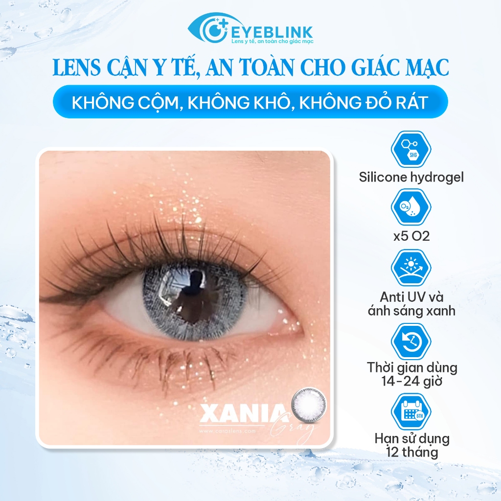 Kính áp tròng cận y tế màu xám xanh Xania Gray Eyemera Silicone hydrogel thời gian đeo 14-24h hạn dùng 12 tháng EyeBlink