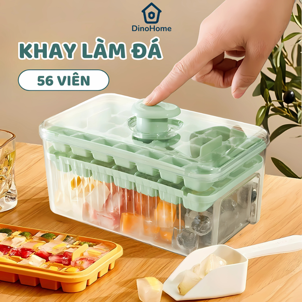 Hộp Khay Làm Đá Thông Minh Nhấn Nút Lấy Đá Dễ Dàng, Khay đá 56 Viên 2 Tầng Tiện Lợi Thông Minh
