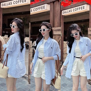 Set Bộ Đồ Nữ 4 Món Áo Sơ Mi Kẻ Sọc Dài Tay Thêu Ngựa Kèm Áo 3 Lỗ Trắng Mix Quần Sooc Đùi Trắng Dây Đai Lưng