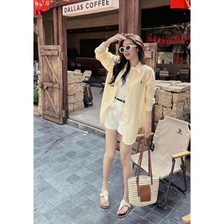 Set Bộ Đồ Nữ 4 Món Áo Sơ Mi Kẻ Sọc Dài Tay Thêu Ngựa Kèm Áo 3 Lỗ Trắng Mix Quần Sooc Đùi Trắng Dây Đai Lưng