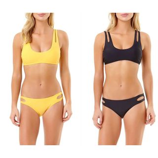 Bikini 2 mảnh, áo mắc cài có đệm ngực, vải 2 lớp co dãn 4 chiều, màu đen và vàng phối lạ, hàng VNXK