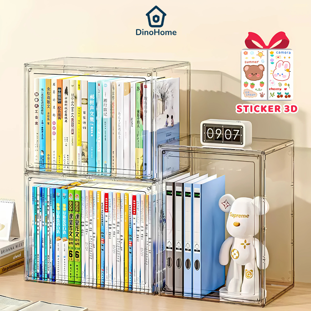 Hộp Đựng Sách Để Bàn Chống Bụi Cỡ Lớn Có Nắp Đậy Tiện Lợi, Hộp Đựng Đồ Trong Suốt Decor DINOHOME