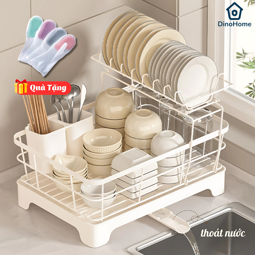 Kệ Để Chén Bát Đĩa Thép Carbon, Kệ Để Đồ Nhà Bếp 2 Tầng Thông Minh Có Khay Hứng Nước Đa Năng