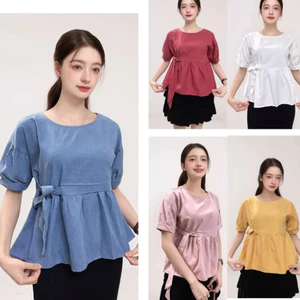 Áo kiểu nữ dễ thương cute trẻ trung babydoll Áo sơ mi babydoll thắt nơ eo cộc tay không cổ T1026G