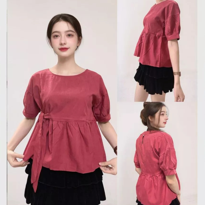 Áo kiểu nữ dễ thương cute trẻ trung babydoll  Áo sơ mi babydoll thắt nơ eo cộc tay không cổ T1026G