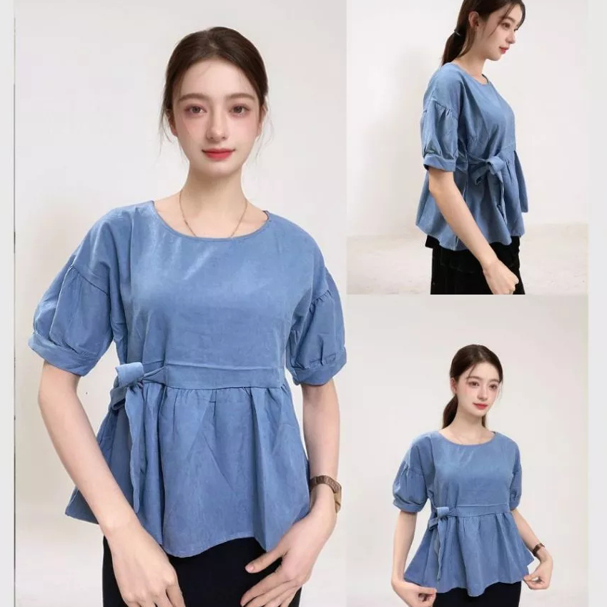 Áo kiểu nữ dễ thương cute trẻ trung babydoll  Áo sơ mi babydoll thắt nơ eo cộc tay không cổ T1026G