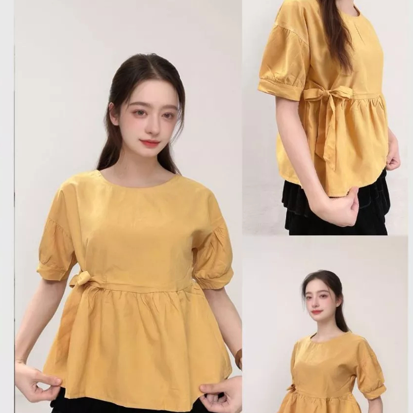 Áo kiểu nữ dễ thương cute trẻ trung babydoll  Áo sơ mi babydoll thắt nơ eo cộc tay không cổ T1026G