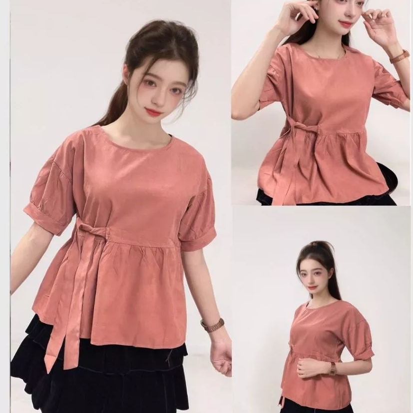 Áo kiểu nữ dễ thương cute trẻ trung babydoll  Áo sơ mi babydoll thắt nơ eo cộc tay không cổ T1026G