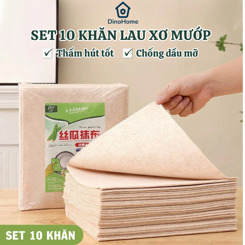 Set 10 Khăn Lau Xơ Mướp Sợi Tự Nhiên Thấm Hút Tốt, Khăn Lau Chén Dĩa Chống Dầu Mỡ, Tái Sử Dụng