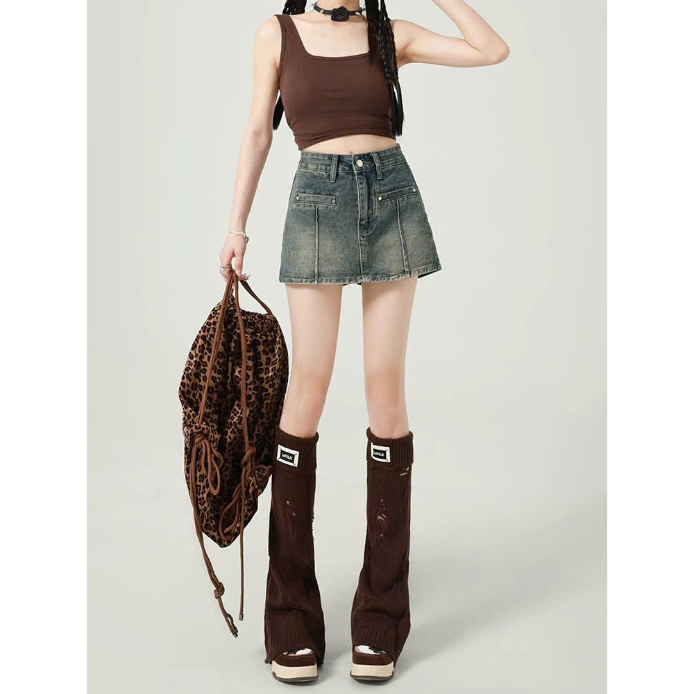 Quần short jeans giả váy dáng chữ A cạp cao tôn dáng màu xanh pha rêu retro thời trang ED07