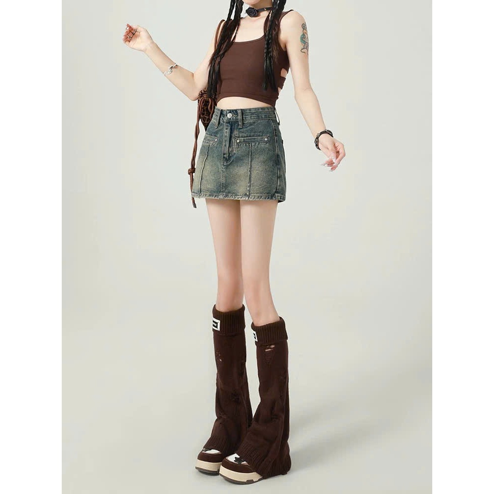 Quần short jeans giả váy dáng chữ A cạp cao tôn dáng màu xanh pha rêu retro thời trang ED07