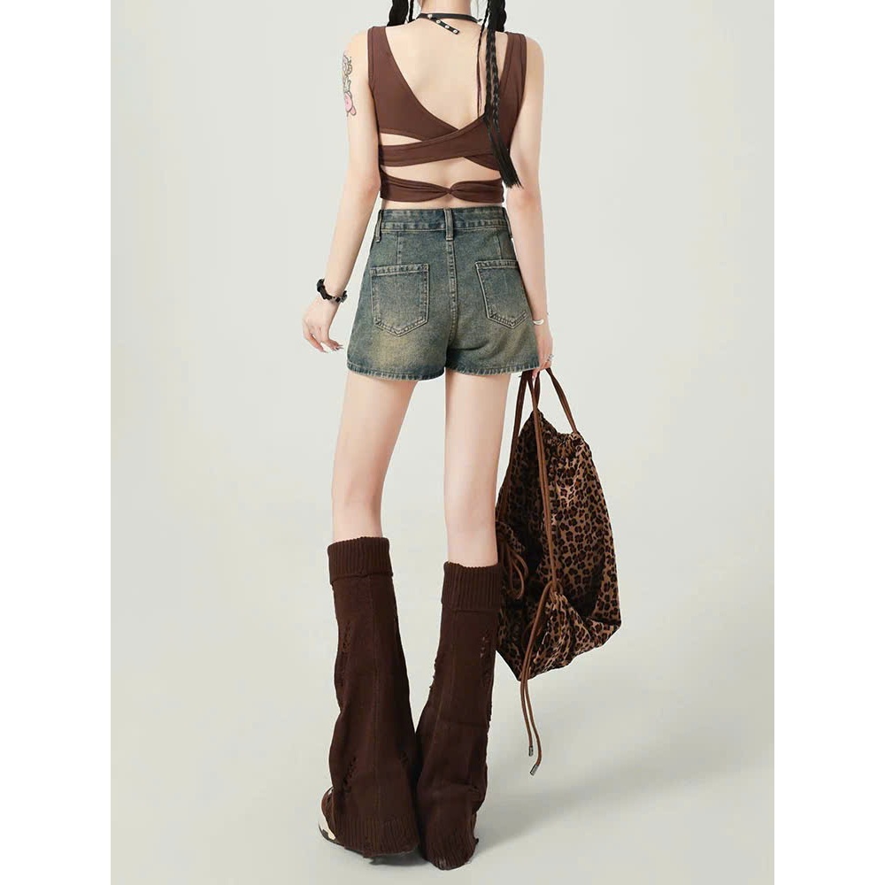 Quần short jeans giả váy dáng chữ A cạp cao tôn dáng màu xanh pha rêu retro thời trang ED07