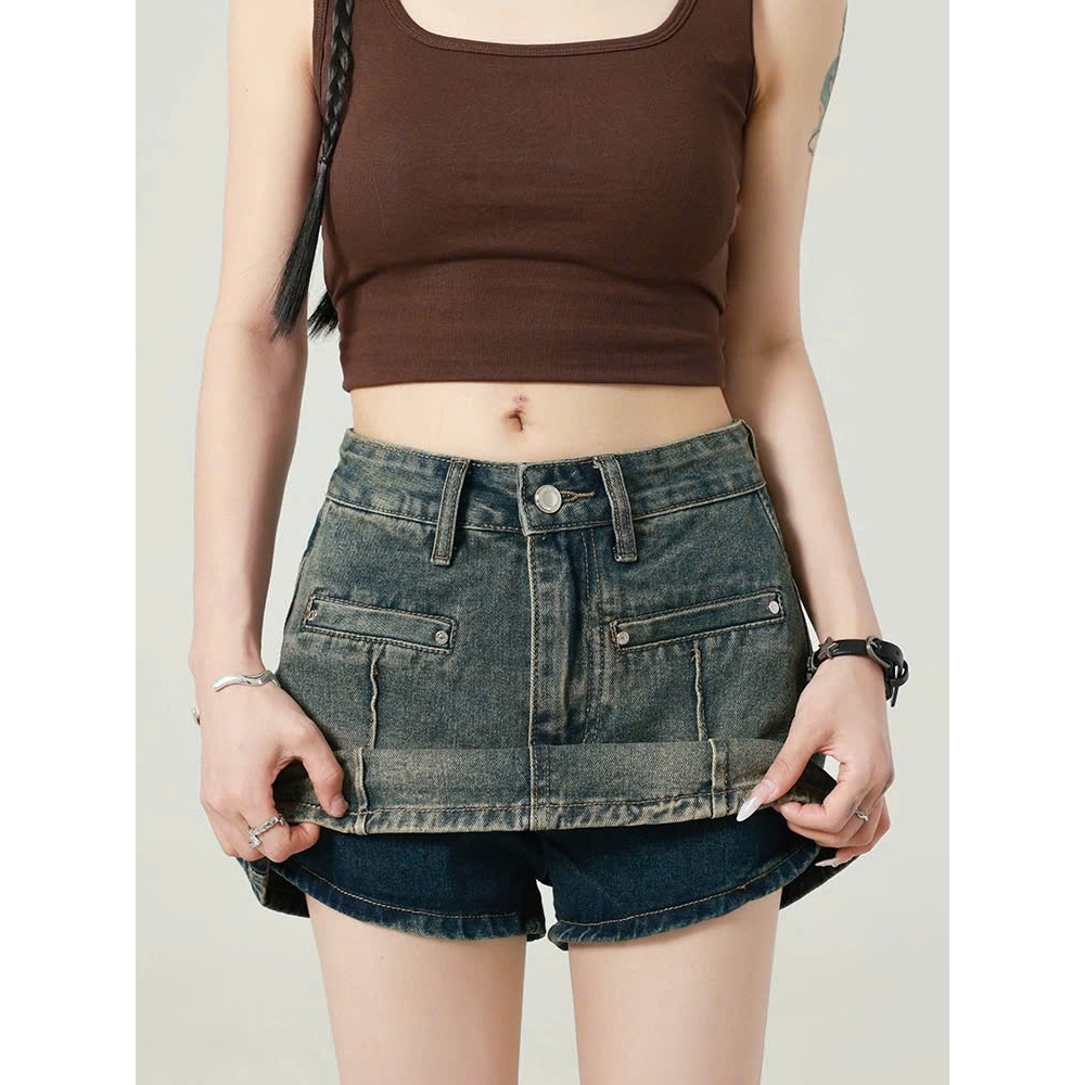 Quần short jeans giả váy dáng chữ A cạp cao tôn dáng màu xanh pha rêu retro thời trang ED07