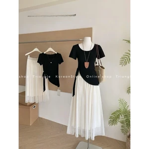 Triangle - Looklike Set (Cân nhắc kỹ, return is not welcomed)- Set áo thun vạt chéo mix chân váy trắng voan hai lớp