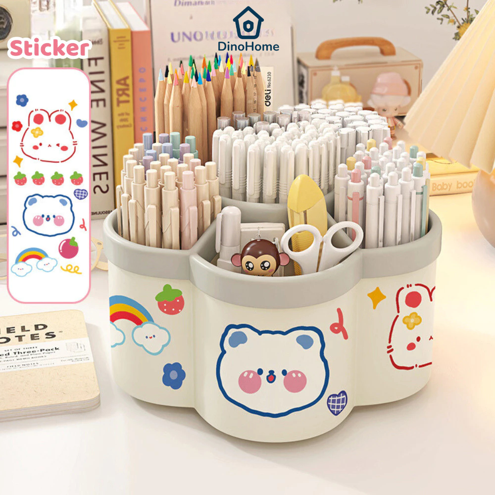 [TẶNG STICKER] Hộp đựng bút để bàn xoay 360 thiết kế bông hoa 6 ngăn, Hộp đựng văn phòng phẩm để bàn