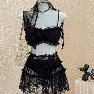 Set Ren 3 chi tiết Áo + Váy + Khăn (Ko kèm quần ) Nữ Tính Gợi Cảm Sexy Màu Black Huyền Bí