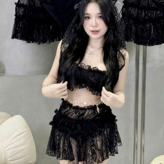 Set Ren 3 chi tiết Áo + Váy + Khăn (Ko kèm quần ) Nữ Tính Gợi Cảm Sexy Màu Black Huyền Bí