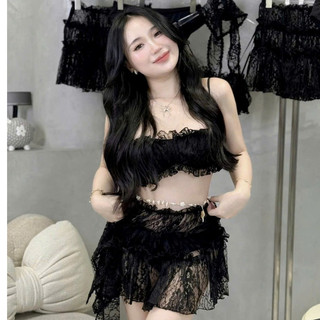 Set Ren 3 chi tiết Áo + Váy + Khăn (Ko kèm quần ) Nữ Tính Gợi Cảm Sexy Màu Black Huyền Bí