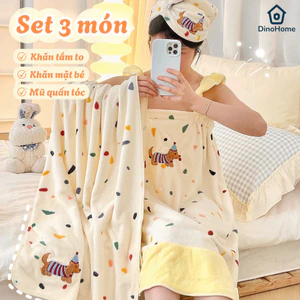 Set 3 Khăn Tắm Khăn Mặt Cotton Cao Cấp Họa Tiết Đáng Yêu Siêu Thấm Hút Mềm Mịn Không Xù Lông