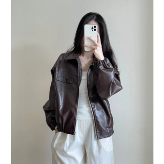 Áo khoác da form boxy Forgirl áo da dáng rộng bo chun croptop T080