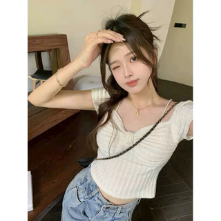 LT - Áo thun gân cộc tay kiểu trễ vai phong cách vintaget siêu điệu free size 1028