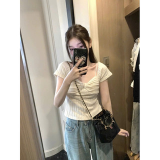 LT - Áo thun gân cộc tay kiểu trễ vai phong cách vintaget siêu điệu free size 1028