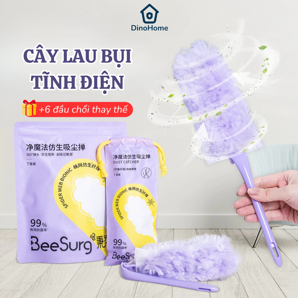Cây Lau Bụi Tĩnh Điện Hút Bụi Đa Năng Kèm 6 Đầu Chổi Thay Thế, Chổi Phủi Bụi Đa Năng DinoHome