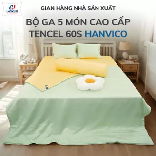 [Hanvico] BỘ GA 5 MÓN CAO CẤP LỤA TENCEL 60S – PHỐI 2 MÀU SANG TRỌNG Xanh - vàng (IRIS) chân bọc ga 35cm
