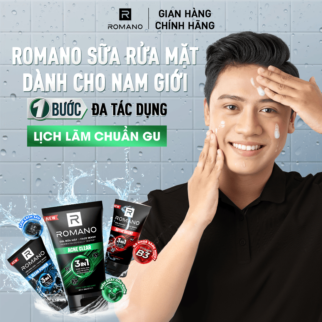 Sữa rửa mặt Romano đa tác dụng dành cho nam giới 100g: Cấp ẩm, Loại bỏ nhờn, Sáng da/Ngừa mụn/Làm sạch sâu