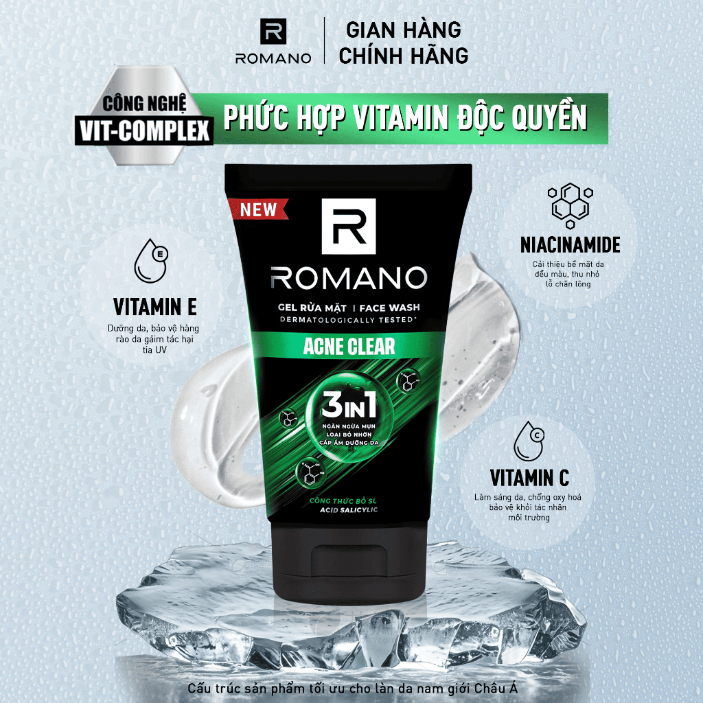 Sữa rửa mặt Romano đa tác dụng dành cho nam giới 100g: Cấp ẩm, Loại bỏ nhờn, Sáng da/Ngừa mụn/Làm sạch sâu