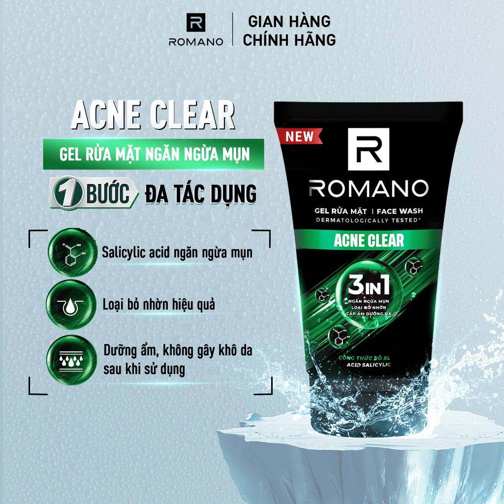 Sữa rửa mặt Romano đa tác dụng dành cho nam giới 100g: Cấp ẩm, Loại bỏ nhờn, Sáng da/Ngừa mụn/Làm sạch sâu