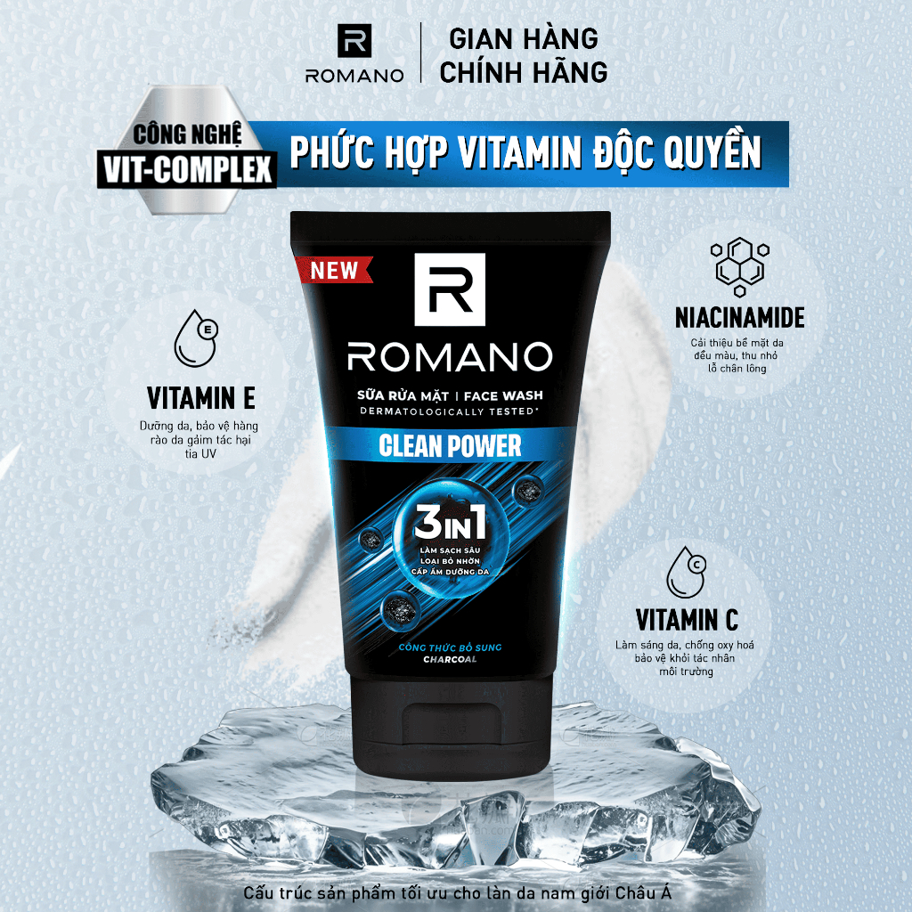 Sữa rửa mặt Romano đa tác dụng dành cho nam giới 100g: Cấp ẩm, Loại bỏ nhờn, Sáng da/Ngừa mụn/Làm sạch sâu