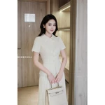 Set váy công sở chất chéo hàn lót lụa, thiết kế áo cổ sơ mi, chiết eo phối chân váy dập li quạy, kéo khoá Medechill S851 — ảnh 4