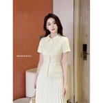 Set váy công sở chất chéo hàn lót lụa, thiết kế áo cổ sơ mi, chiết eo phối chân váy dập li quạy, kéo khoá Medechill S851 — ảnh 7