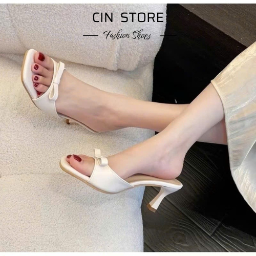 Dép Cao Gót Nữ Mũi Vuông Phối Nơ Tầng Xinh 7 cm Đi Dạo Phố, Đi Tiệc - Cin Shoes