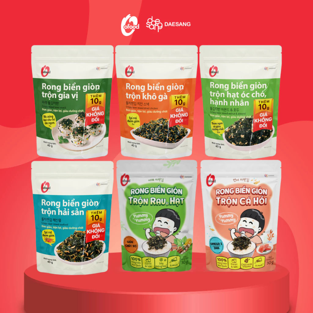 [O'Food] Rong biển giòn trộn khô gà, hải sản, hạt óc chó hạnh nhân, cá hồi, rau&hạt O'Food