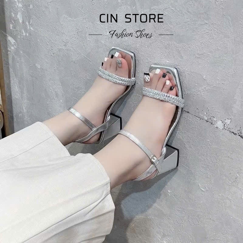 Giày Cao Gót Quai Ngang Dây Đính Đá, Dép Sandal Gót Vuông 7cm Hottrend Tôn Dáng - Cin Shoes